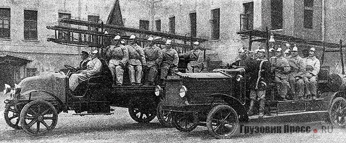 Предназначавшаяся для Киева, но попавшая в Москву автолинейка Büssing Typ III на выезде из Кропоткинской части, на заднем плане Renault EP со сменной платформой. Москва, 1924 г.